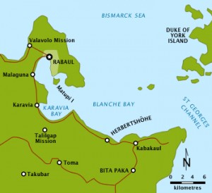 Map of the Rabaul area, showing Herbertshὂhe, Kabakaul and Bitapaka.